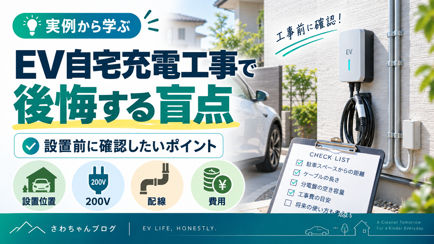 EV自宅充電工事で後悔しないために｜5年使って分かったコンセント位置の決め方のアイキャッチ画像