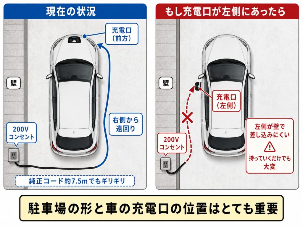 車の左側には壁があるため、ケーブルを左側から前へ伸ばせないイメージ