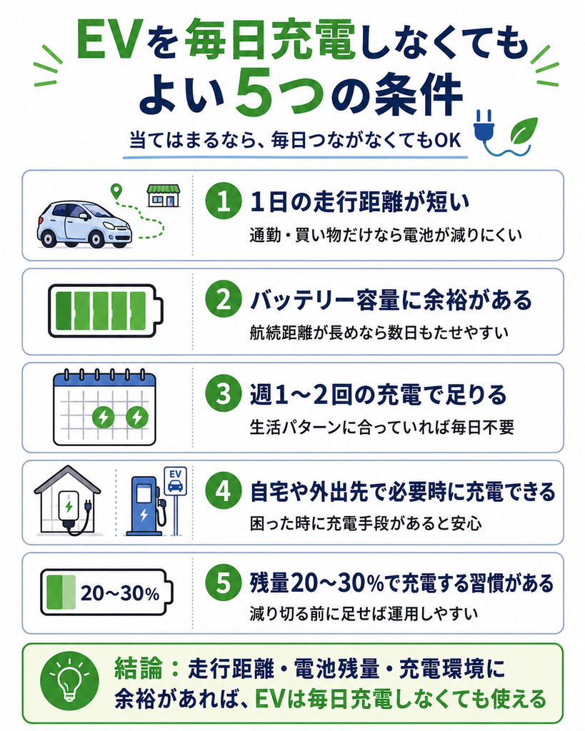 EVを毎日充電しなくてもよい5つの条件を、走行距離・バッテリー容量・充電頻度・充電環境・残量20〜30%の5項目でまとめた図解 EVを毎日充電しなくてもよい5つの条件を、走行距離・バッテリー容量・充電頻度・充電環境・残量20〜30%の5項目でまとめた図解