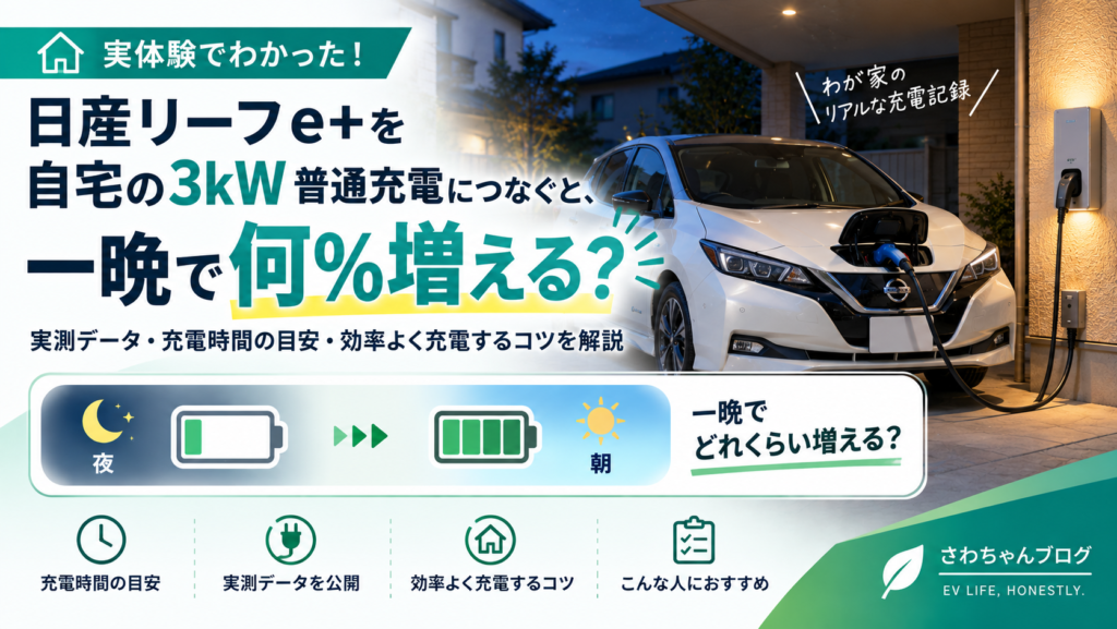 日産リーフe+を自宅の3kW普通充電につなぐと、一晩で何％増える？のアイキャッチ画像