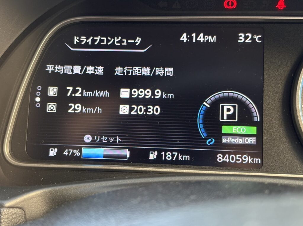 平均電費が約7km/kWhで、999km以上走行した時点の表示