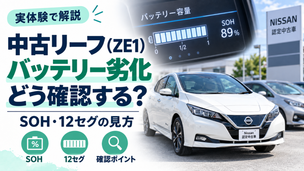 中古リーフ（ZE1）のバッテリー劣化確認方法｜SOH・12セグの見方のアイキャッチ画像