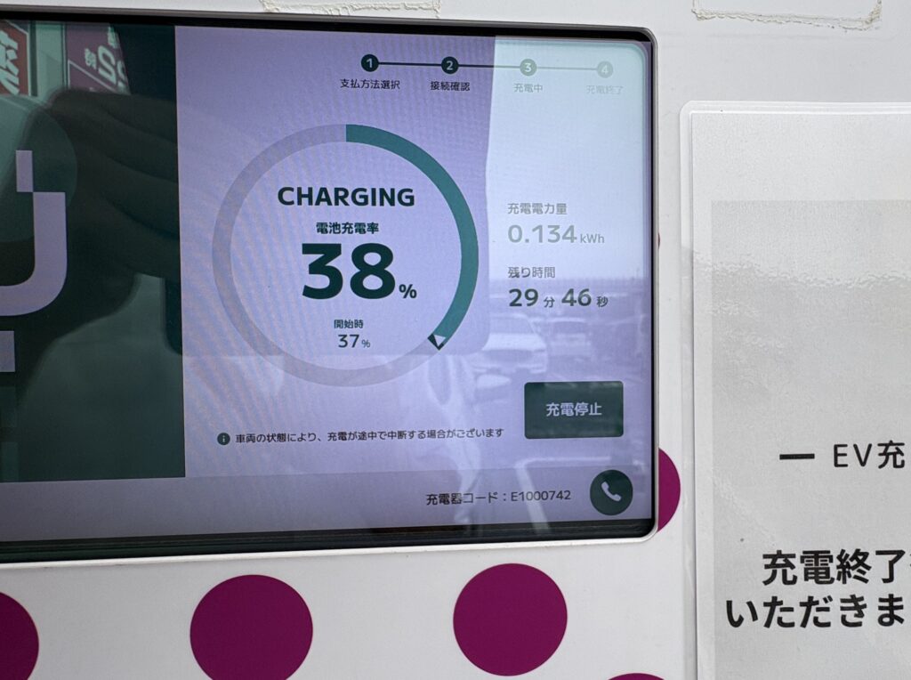 電気自動車の急速充電開始直後の画面