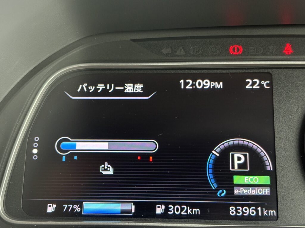 急速充電後の日産リーフe+のバッテリー残量77%