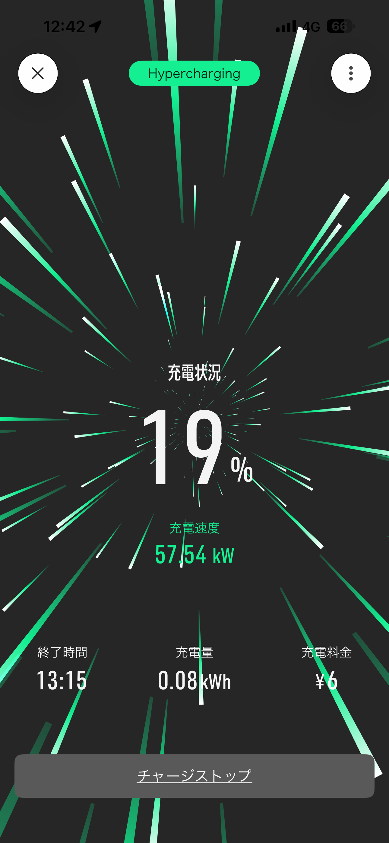 PowerXで日産リーフe+をバッテリー残量19％から急速充電した画面