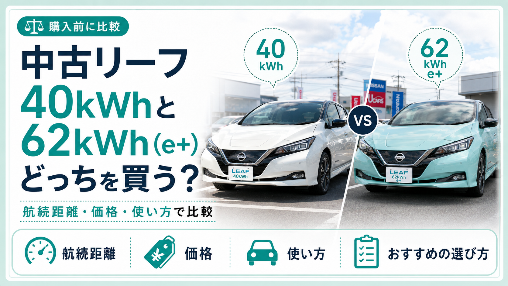 中古リーフ40kWhと62kWhはどっち？5年乗った私の選び方のアイキャッチ画像