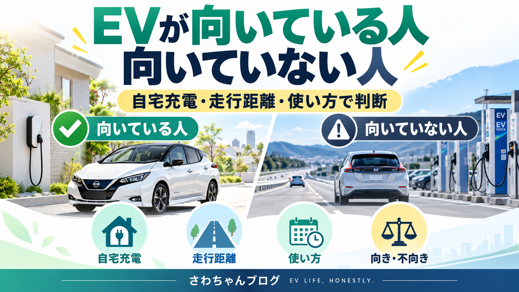 EVが向いている人・向いていない人｜自宅充電・走行距離・使い方で判断のアイキャッチ画像