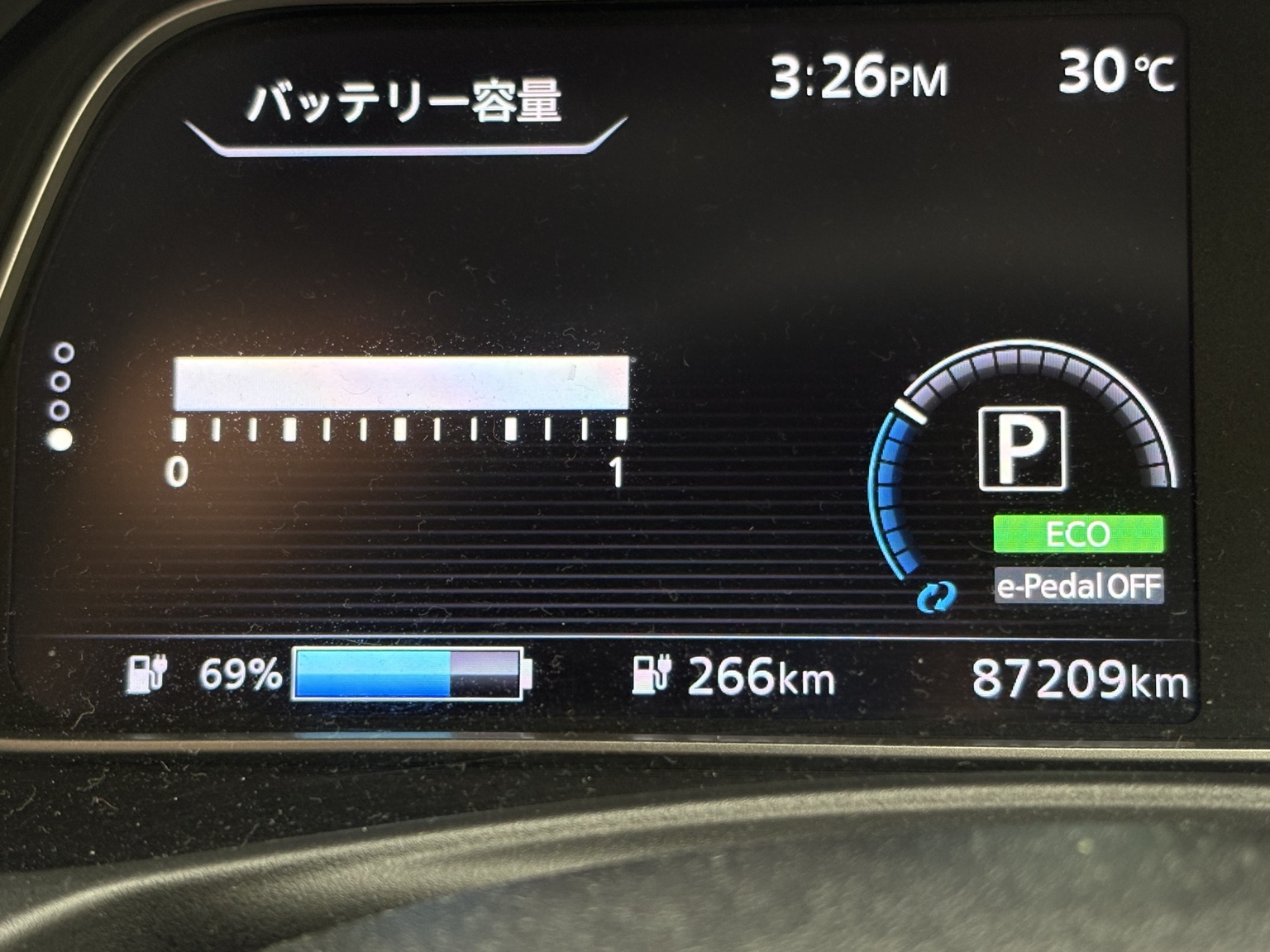 リーフe+ 87,209km時点のメーター 87,209km時点でバッテリー容量計12セグを維持している日産リーフe+のメーター