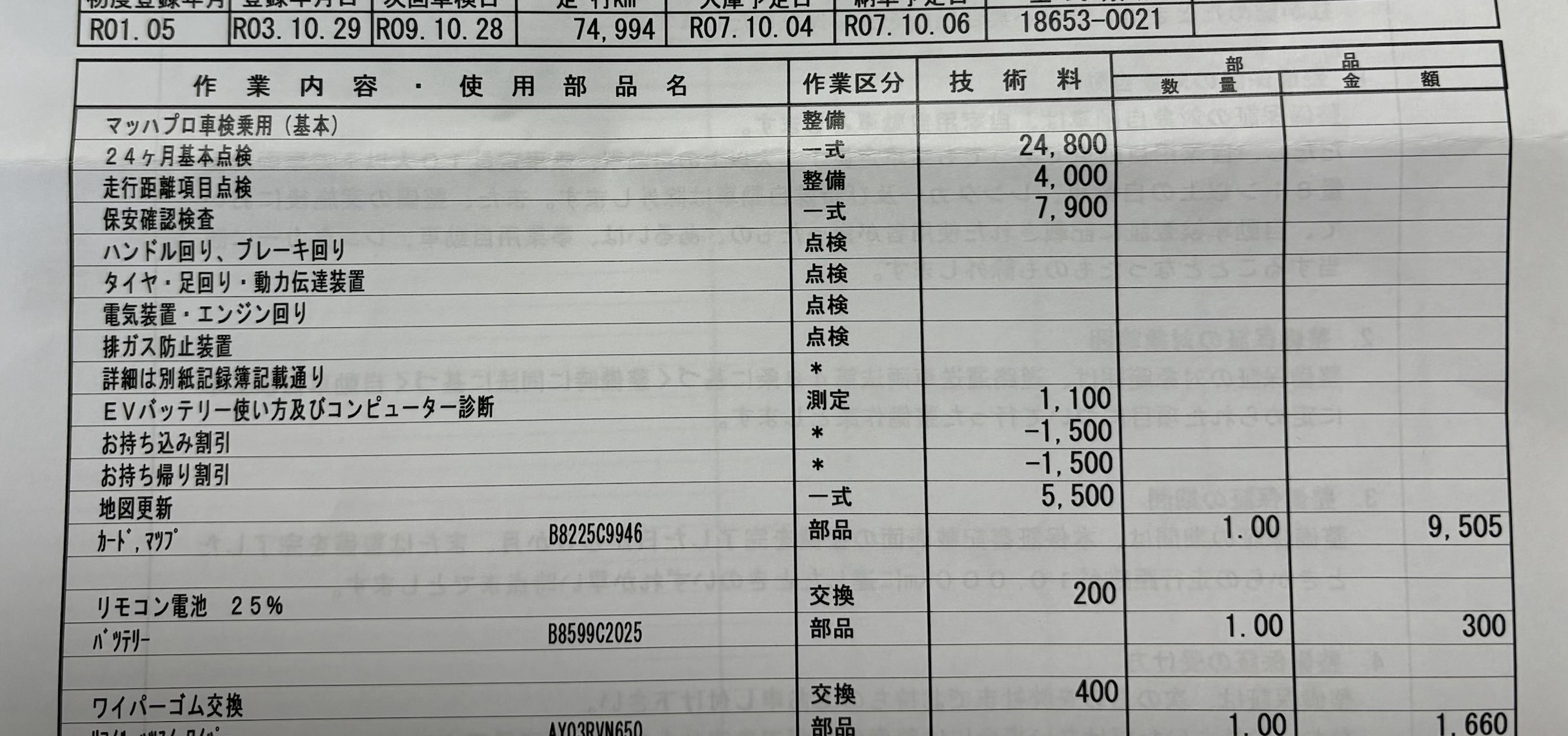 日産リーフe+ 車検の点検・部品明細 日産リーフe+の24か月点検とEVバッテリー診断の車検明細