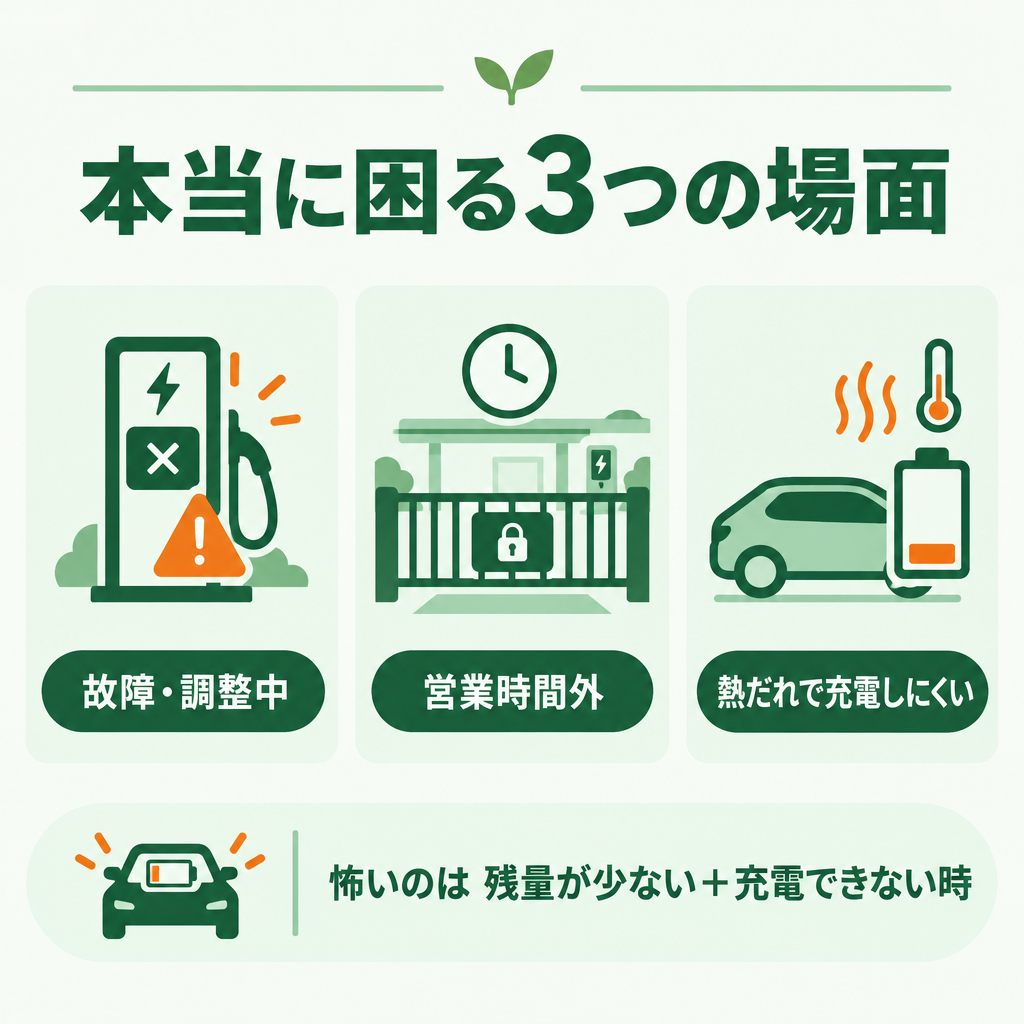 EVで本当に困る充電できない3つの場面 EVで本当に困った充電できない3つの場面をまとめた図解