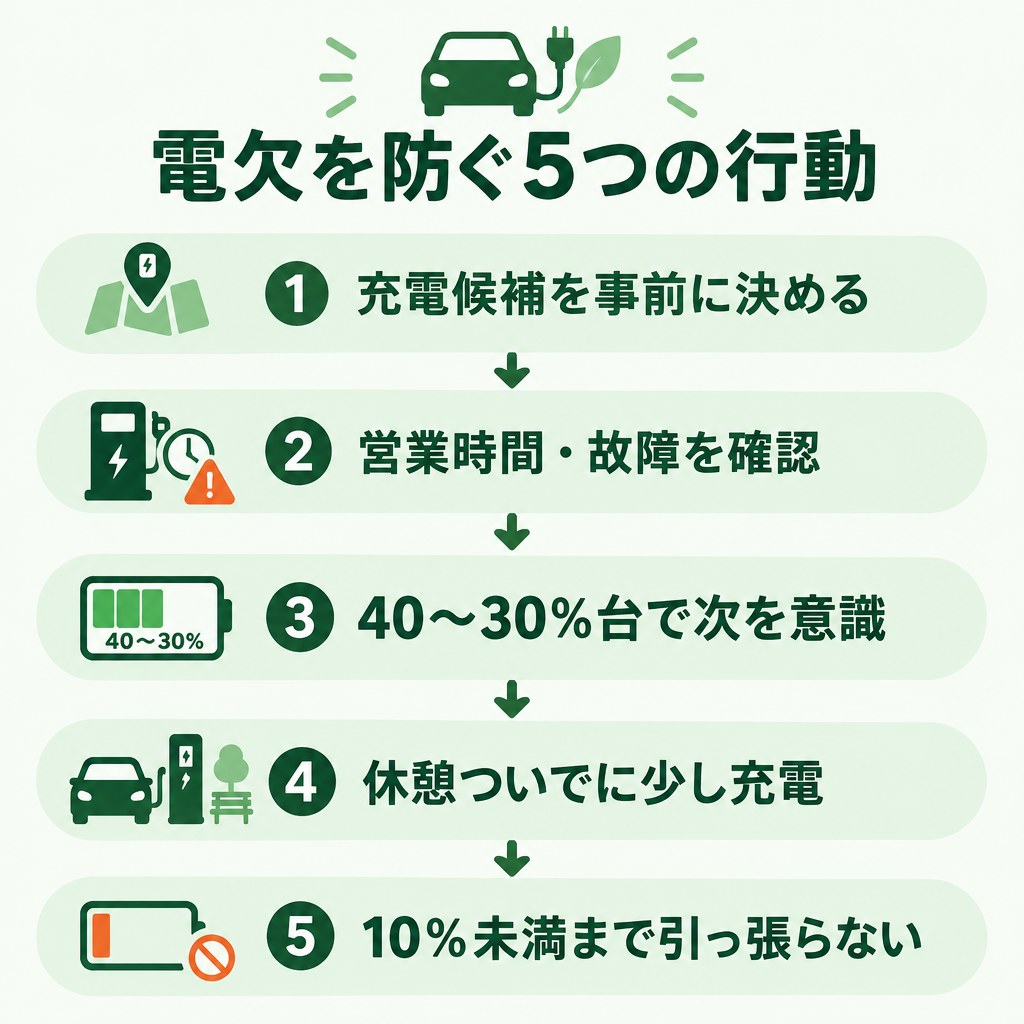 EVの電欠を防ぐ5つの行動 EVの電欠を防ぐために筆者が実践している5つの行動をまとめた図解